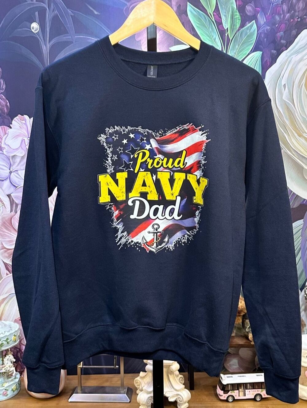 Gildan S Proud Navy Dad Crewneck Sweatshirt Patriotic Americana Nautical Casual